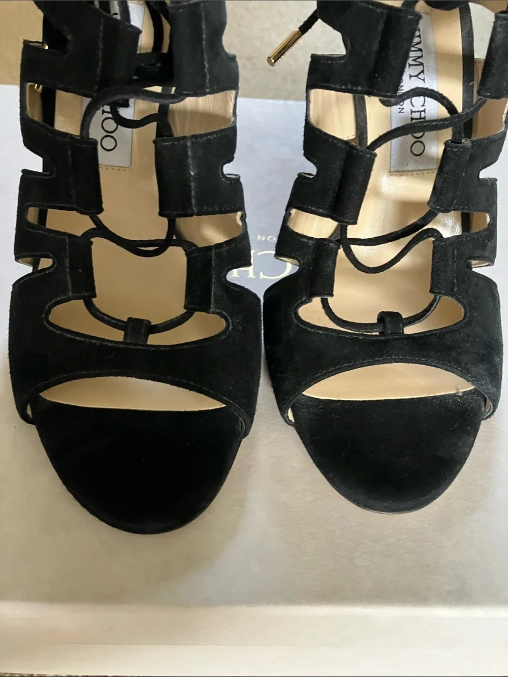 Jimmy Choo Women's Black Suede Lace-Up Cutout High Heel Sandal